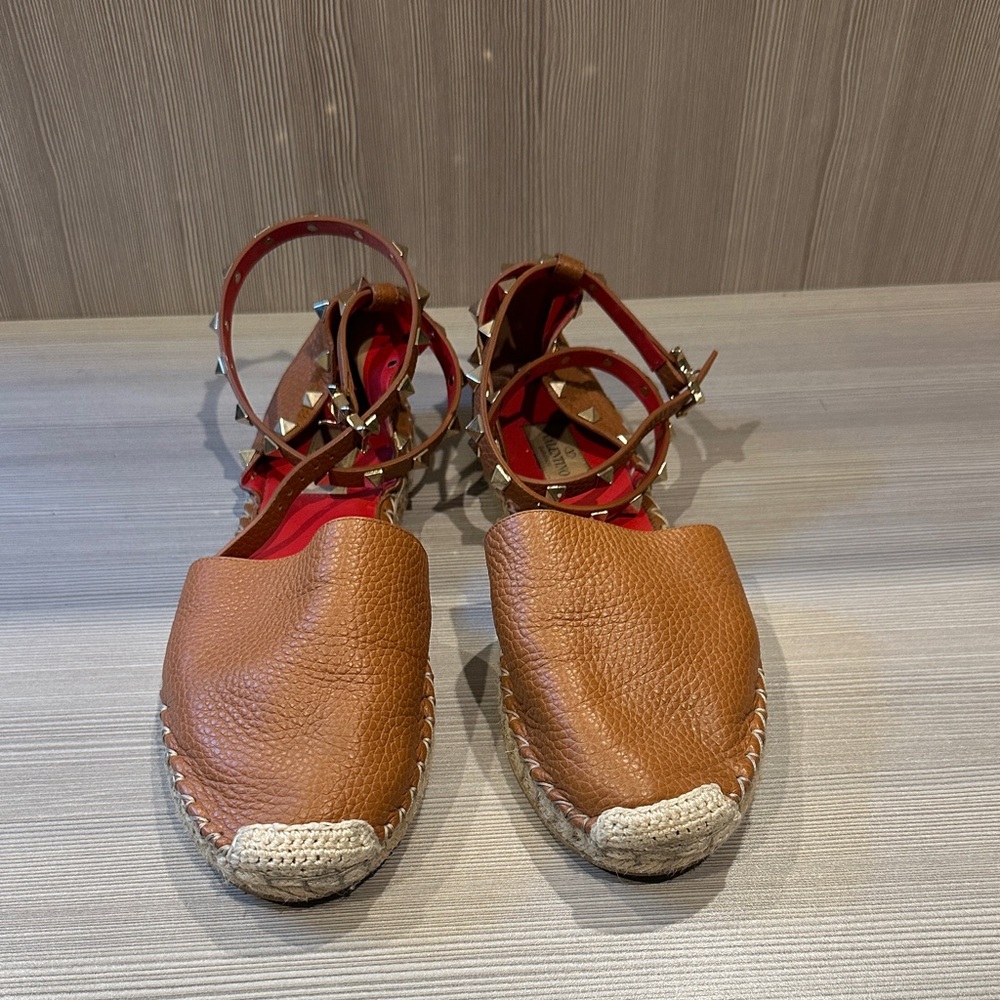 Valentino Tan Leather Espadrilles with Studded Straps